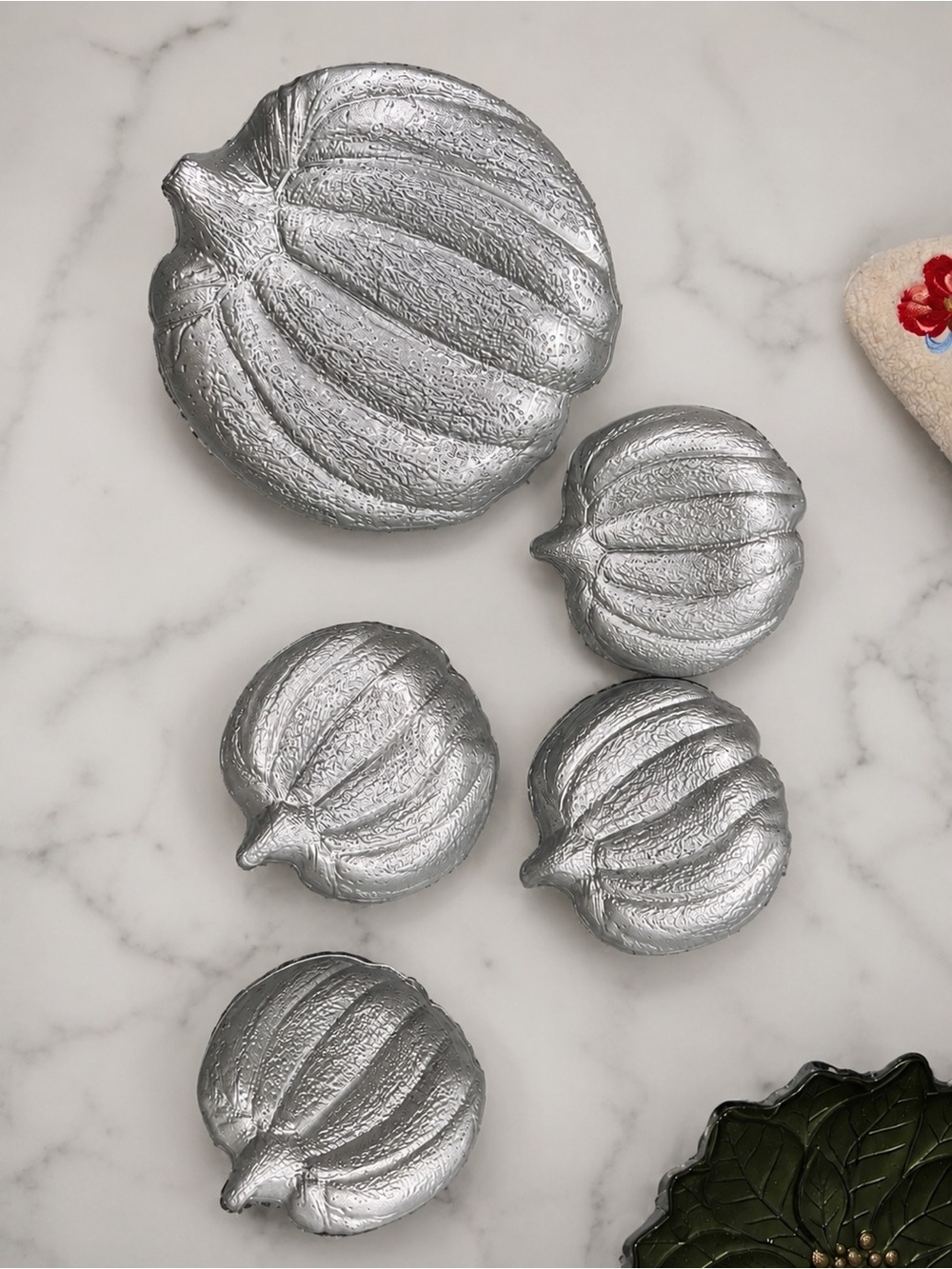 Silver Pumpkin Ornament Set - Holiday Table Accents